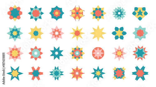 Colorful geometric floral patterns arranged in a grid showcasing vibrant designs