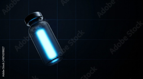 Glowing Medical Vial on Dark Background Health Science Pharmaceutical. Concept featuring vial, medical, glowing, dark background, health.