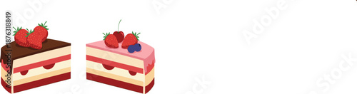 Delicious layered cake slices with strawberry chocolate and berry toppings vector illustration isolated on white background