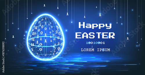Happy Easter tech background for holiday banner. Vector realistic illustration of futuristic neon egg with glowing holographic digital code, geometric shape and text on blue gradient background