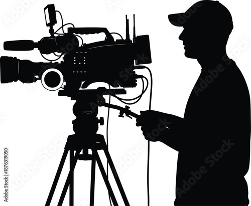 Professional video cameraman operating broadcast camera on tripod silhouette isolated on white background for media production use