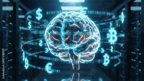 Glowing Digital Brain in Futuristic Data Center AI, Cryptocurrency, and Finance Intersection with Currency Symbols and Data Processing