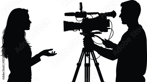 Video interview recording scene with cameraman and female presenter silhouettes using professional camera on tripod isolated background