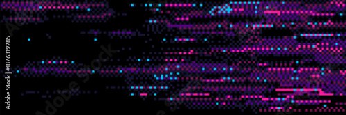 Digital glitch texture with pixelated noise effect. Vector realistic illustration of abstract video rewind pattern on black screen background, static noise overlay, retro tv display, signal distortion