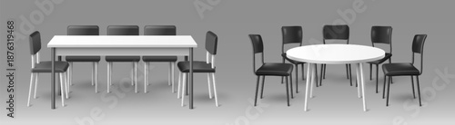 3D set of table and chair mockups isolated on background. Vector realistic illustration of round and rectangular white desks and simple black chairs, exhibition booth, office conference room furniture