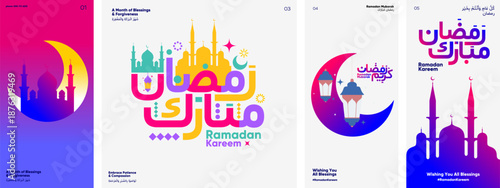 A vibrant collection of Ramadan-themed designs featuring mosques, crescent moons, and lanterns. The colorful graphics convey messages of blessings, forgiveness, and compassion