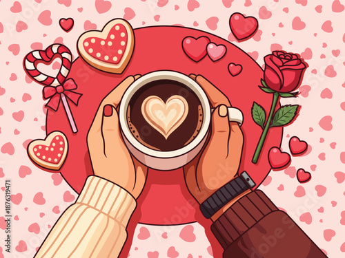 Romantic Valentine Coffee with Heart Latte Art and Couple Hands Illustration