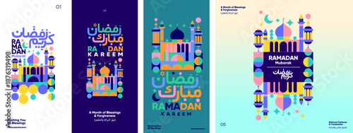 Colorful Ramadan greeting cards featuring vibrant mosque illustrations and lanterns. The designs include Arabic calligraphy and English text, conveying messages of blessings and forgiveness. 