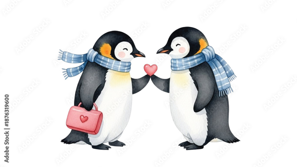 Fototapeta premium Cute Watercolor Penguin Couple Holding Heart Romantic Illustration Isolated on White