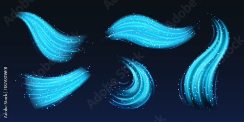 Cold airflow effects set isolated on background. Vector realistic illustration of neon blue cool wind swirls and waves with shimmering white particles, air conditioning system, fresh water flow