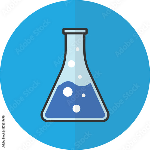 Chemistry Flask Icon in Blue Circle Flat Vector Illustration. lean and modern science icon suitable for education, research, laboratory, medical, UI design, apps, and web interfaces.