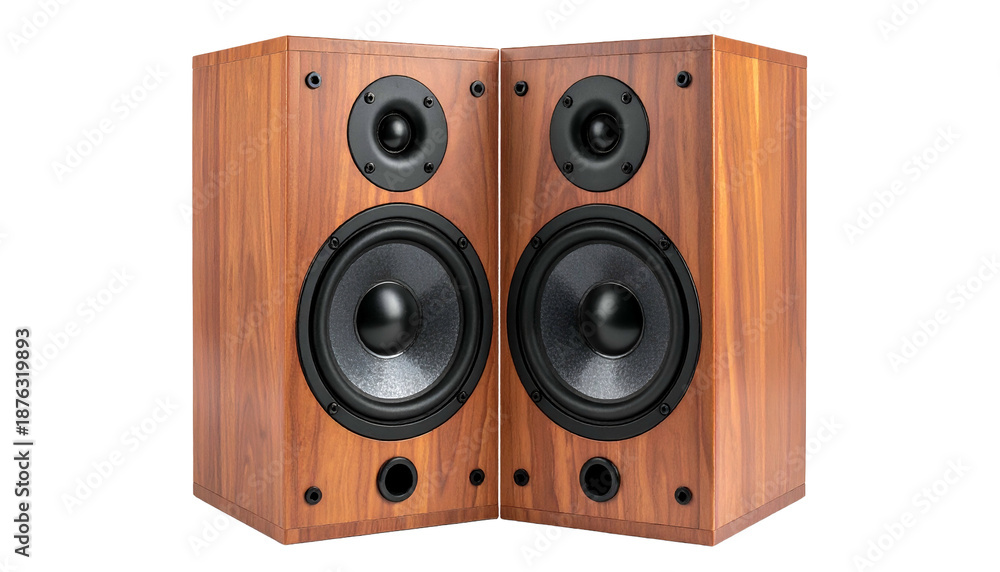 Fototapeta premium Two wooden audio speakers at a corner angle, displaying woofer, tweeter, and port