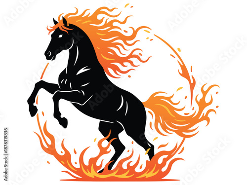 Flaming Horse Silhouette with Fire Mane Powerful Vector Illustration