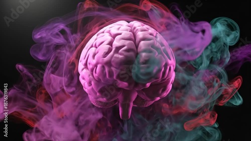 Hyper Detailed Close Up of Human Brain Surrounded by Colorful Swirling Smoke Creating Surreal Artistic Effect Studio with Vibrant Pink and Purple Hues