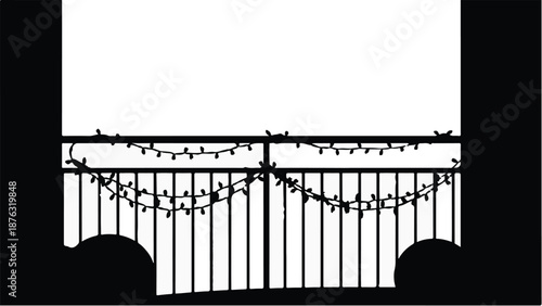 Festive lights adorn a decorative metal gate creating a welcoming holiday ambiance