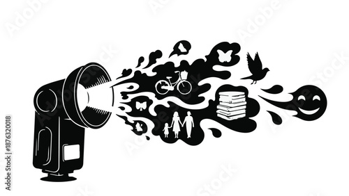 Creative inspiration bursts from a camera flash, evoking imagination and life's moments.