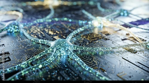 Hyper Realistic Close Up of Neural Network on Circuit Board Fusion of Technology and Biology with Glowing Connections and Advanced Connectivity