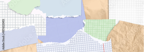 Funky paper collage background with torn notebook sheets and ripped edges. Pastel colored paper scraps, grid textures and tape pieces arranged in vintage scrapbook style for y2k banners design.