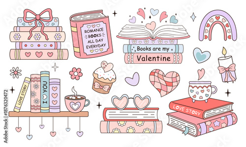 Valentine bookish clipart set, Romance books vector illustration, Valentines day design, Love readers stickers, Book lover gift, Romantic aesthetic.