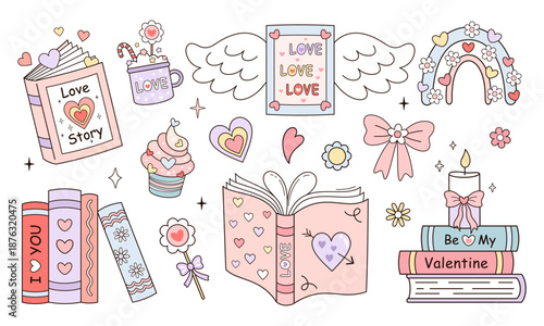 Valentine bookish clipart set, Romance books vector illustration, Valentines day design, Love readers stickers, Book lover gift, Romantic aesthetic.
