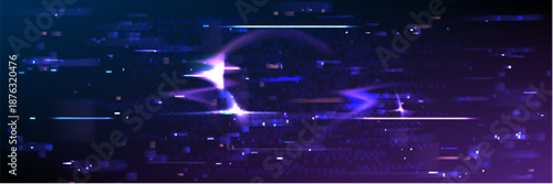 Pixel art glitch texture with digital noise overlay on screen - purple and blue distorted background with static interference. Abstract pixelated pattern with horizontal lines and cyberpunk aesthetic.