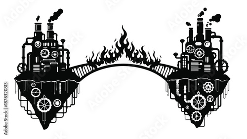 Intricate steampunk bridge connects two industrial islands with fiery arch