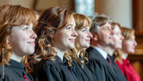 Choir members in robes singing in a church during a service.