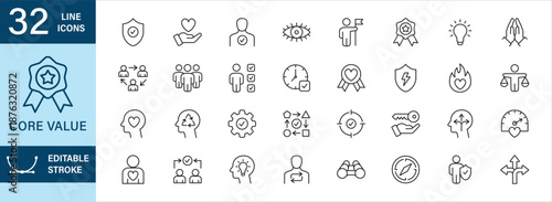 Core value icon set in thin line design. Personal core value icons. Contains icon of integrity, trust, responsibility, transparency, commitment, excellent, innovation, respect, teamwork, discipline.