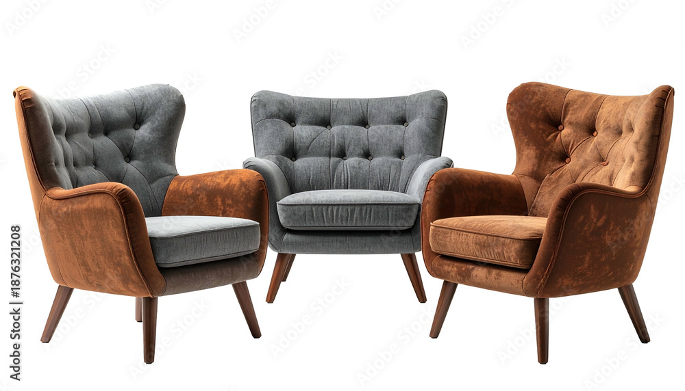 Fototapeta premium Three modern upholstered armchairs with wingback details, contrasting colors
