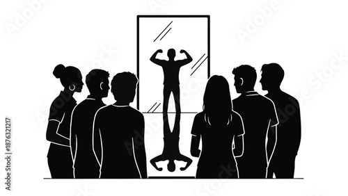 Diverse group observes a person flexing in mirror, revealing their inner strength and shadow self.