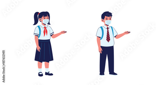 Two school students a boy and a girl wearing protective face masks and uniforms standing on a white background.