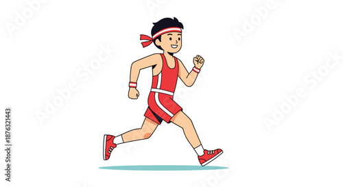 Determined male athlete running with extreme focus wearing a red tank top and headband on a plain white background.