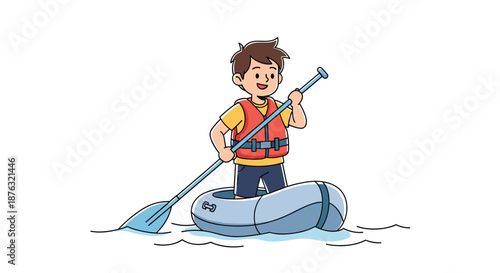 Young boy wearing a protective life jacket standing in an inflatable raft and holding an oar while navigating water.