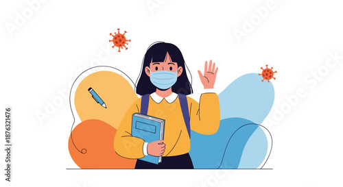 Young school girl wearing a protective face mask and yellow sweater holding a book and waving her hand hello.