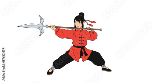 Skilled female martial artist in a red traditional outfit holding a long spear in a powerful defensive stance.