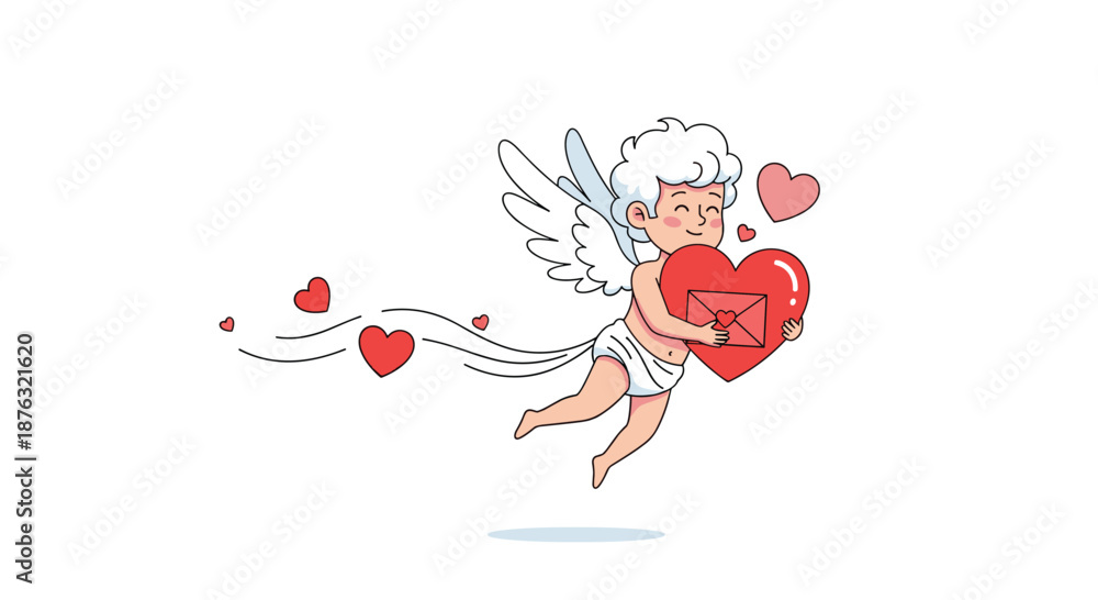 Fototapeta premium Cute little cupid with wings flying while holding a large red heart with a love letter inside for a romantic celebration.