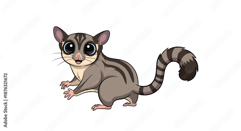 Fototapeta premium Detailed illustration of a cute sugar glider with large eyes and a striped tail standing in a curious and alert pose.