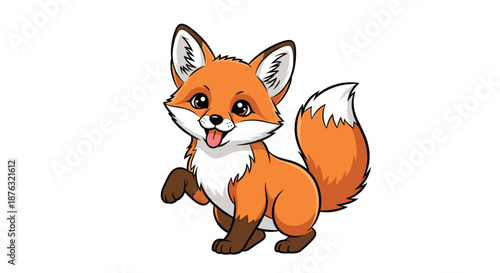 Friendly orange cartoon fox sitting down with its tongue out and a happy expression in a cute and playful character design.