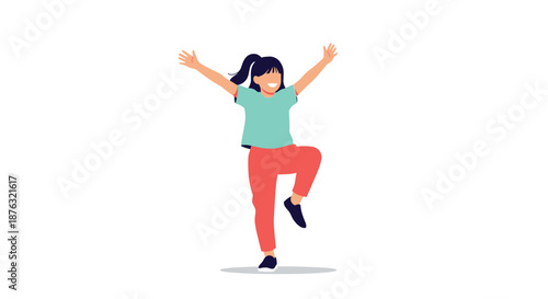 Happy young girl with a long ponytail jumping and dancing with her arms raised high in a moment of pure excitement and joy.