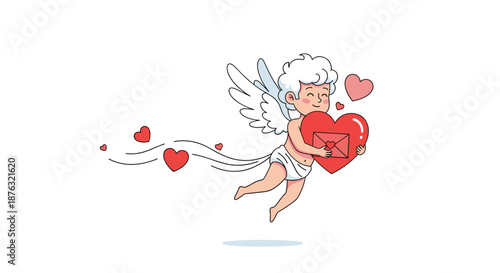 Cute little cupid with wings flying while holding a large red heart with a love letter inside for a romantic celebration.