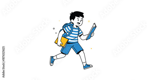 Enthusiastic schoolboy wearing a striped shirt and blue shorts running with books and a backpack in a lively cartoon style.