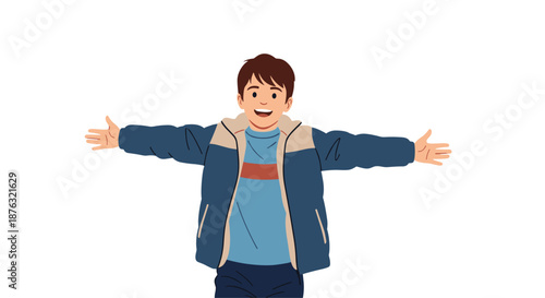 Young boy wearing a warm blue and tan winter jacket standing with his arms wide open and a friendly welcoming smile.