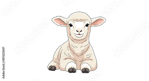Cute white lamb sitting calmly and looking forward with a gentle and sweet expression in a soft and detailed illustration.