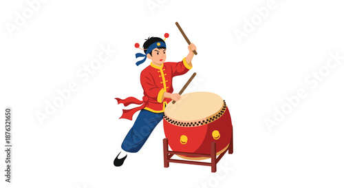 Performer in a traditional red and yellow Chinese costume playing a large ceremonial drum with two wooden sticks energetically.