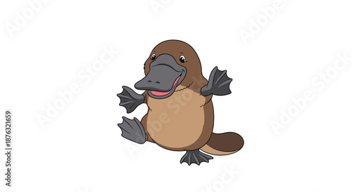 Playful cartoon platypus standing on its hind legs with its flippers out and a happy smile in a fun and friendly character pose.
