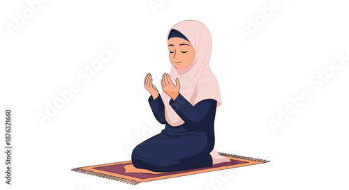Young Muslim woman wearing a pink hijab kneeling on a decorative prayer rug with her hands raised in a moment of prayer.