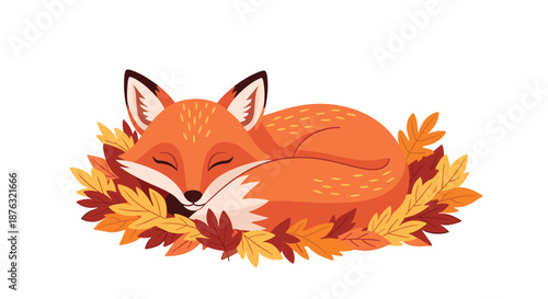Cute orange fox sleeping peacefully while curled up on a cozy bed of colorful autumn leaves in a warm seasonal illustration.