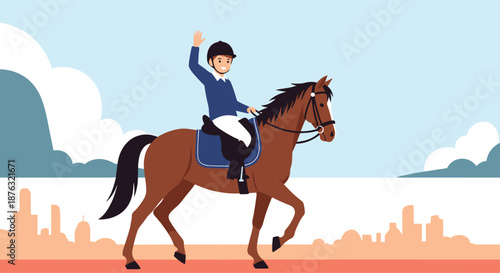 Young equestrian riding a brown horse in an urban park setting while waving his hand to the viewer in a friendly manner.