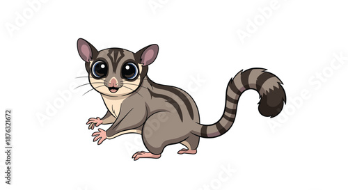 Detailed illustration of a cute sugar glider with large eyes and a striped tail standing in a curious and alert pose.