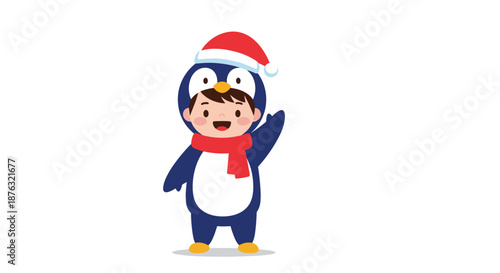 Young child dressed in a cute blue penguin costume wearing a red Santa hat and waving happily in a festive winter scene.
